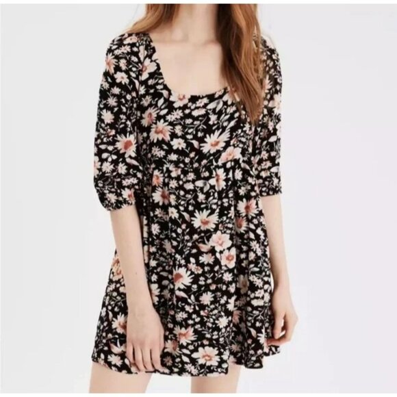 American Eagle Floral Print Black Dress Puff Sleeves & Open Back W/ Tie Detail M - Picture 1 of 12